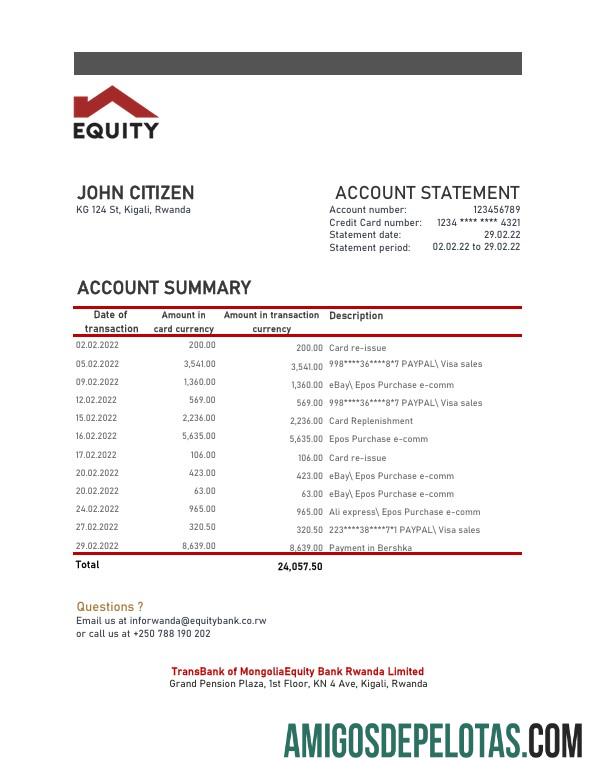 Extrato bancário de patrimônio de Ruanda para download, modelo Excel e PDF
